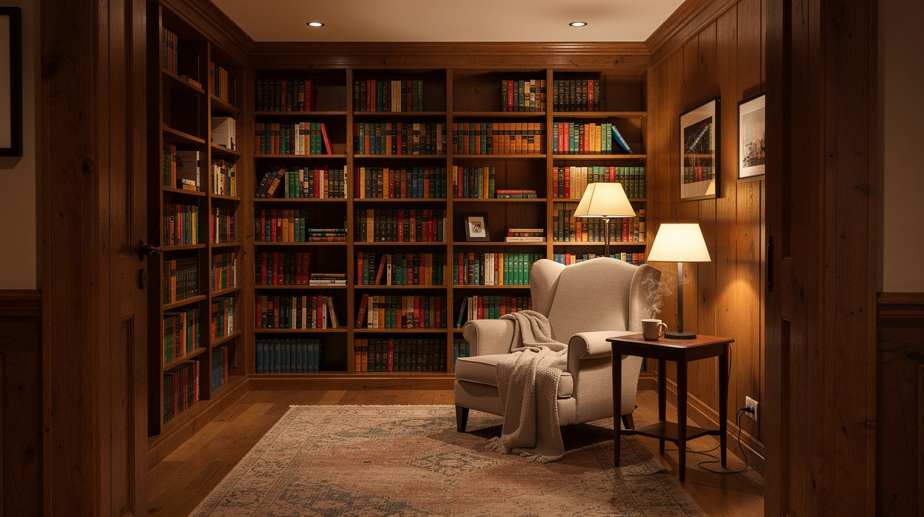 Bookshelf filled with mystery novels in a cozy wood-paneled study