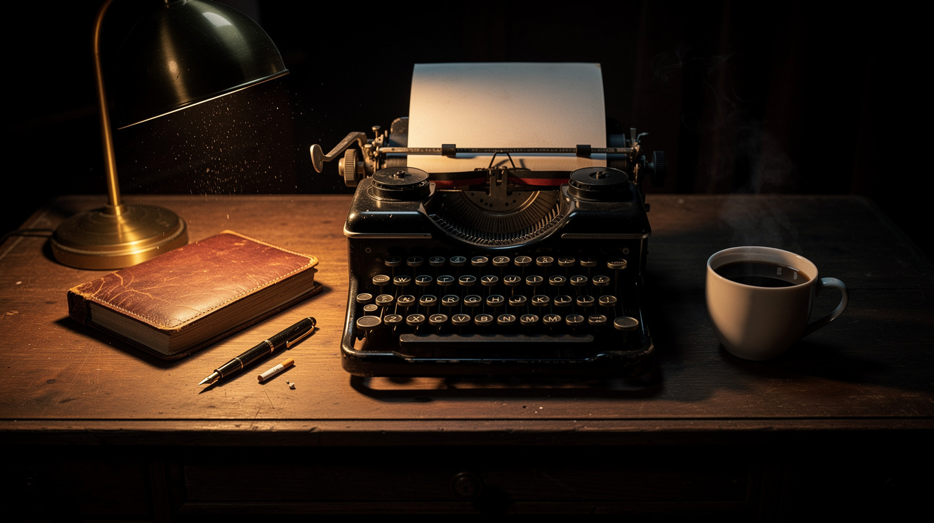 Moody writer's desk with a typewriter, notebook and cup of coffee under lamplight